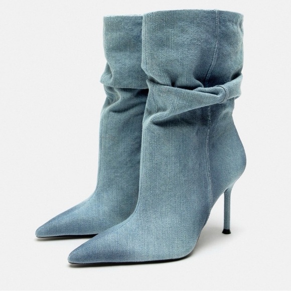 ZARA Blue Denim Slouchy Ankle Boots Stiletto Heel Pointed Toe Size 38 / 8 - Picture 2 of 9